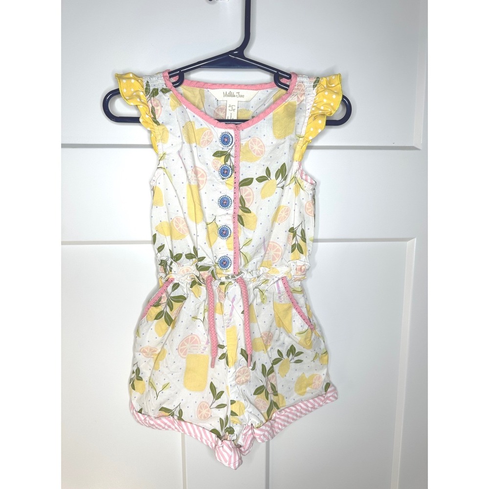 Matilda Jane Girls Lemon Lemonade Print Romper‎ Flutter Sleeve Cotton Size 2
